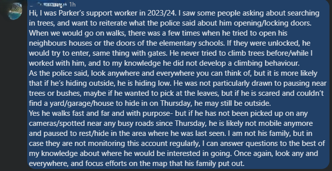 Screenshot of a message from Parker's former support worker advising searchers to check low hiding places.